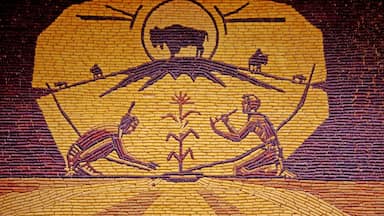 Out in the middle of South Dakota is this unique building called Mitchell's Corn Palace. The building is covered in many murals, inside and out, all made of corn cobs.