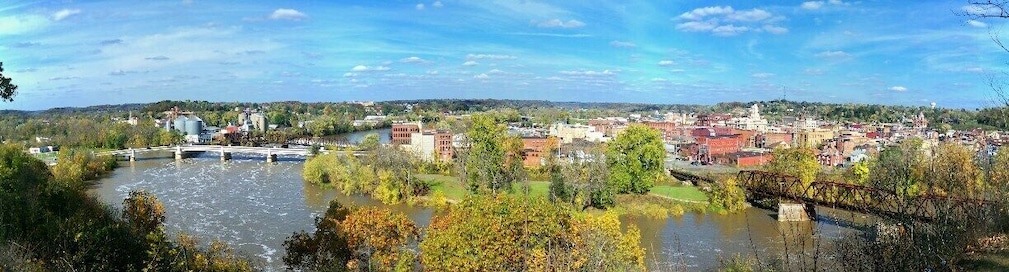 This is taken from Putnam Hill Park above Zanesville, OH, home of the Y-Bridge. It is on the left and spans the Licking and Muskingum Rivers. Not very may places that you can say "go to the middle of the bridge and turn right."