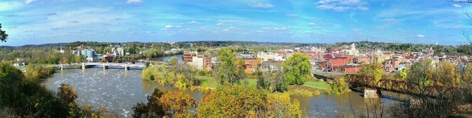 This is taken from Putnam Hill Park above Zanesville, OH, home of the Y-Bridge. It is on the left and spans the Licking and Muskingum Rivers. Not very may places that you can say "go to the middle of the bridge and turn right."