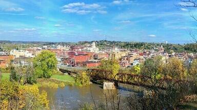 This is taken from Putnam Hill Park above Zanesville, OH, home of the Y-Bridge. It is on the left and spans the Licking and Muskingum Rivers. Not very may places that you can say "go to the middle of the bridge and turn right."
