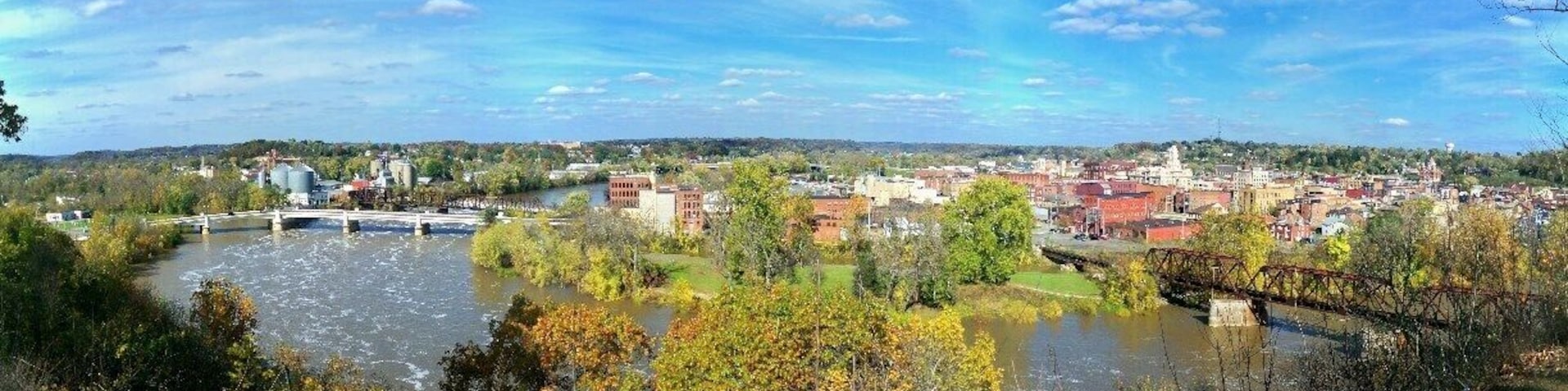 This is taken from Putnam Hill Park above Zanesville, OH, home of the Y-Bridge.  It is on the left and spans the Licking and Muskingum Rivers.  Not very may places that you can say "go to the middle of the bridge and turn right."