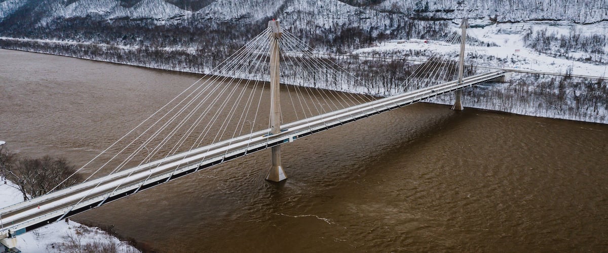 Aerial of Grant Memorial Bridge for US Route 23 - Cable-Stayed Suspension Crossing - Ohio River - South Shore, Kentucky & Portsmouth, Ohio
