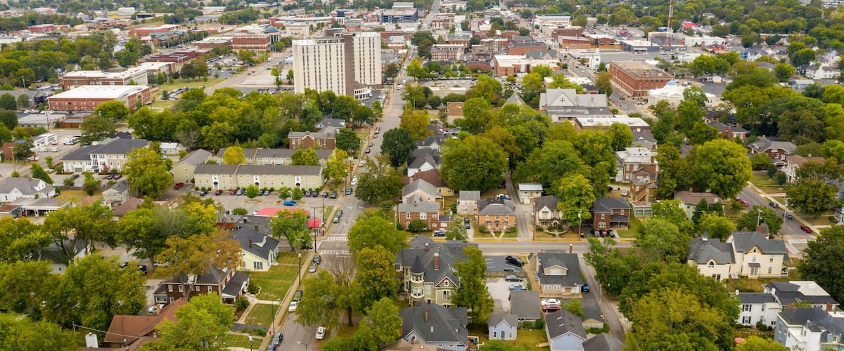 A cityscape with a mix of residential and commercial buildings, surrounded by greenery.