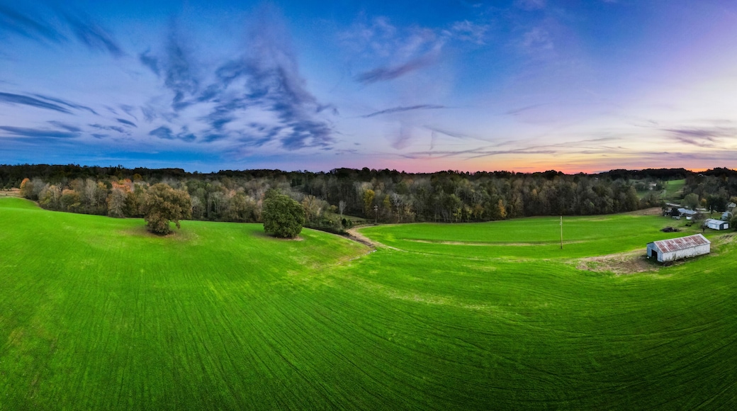 Bright green meadow around Glasgow, Kentucky with colorful sky sunset