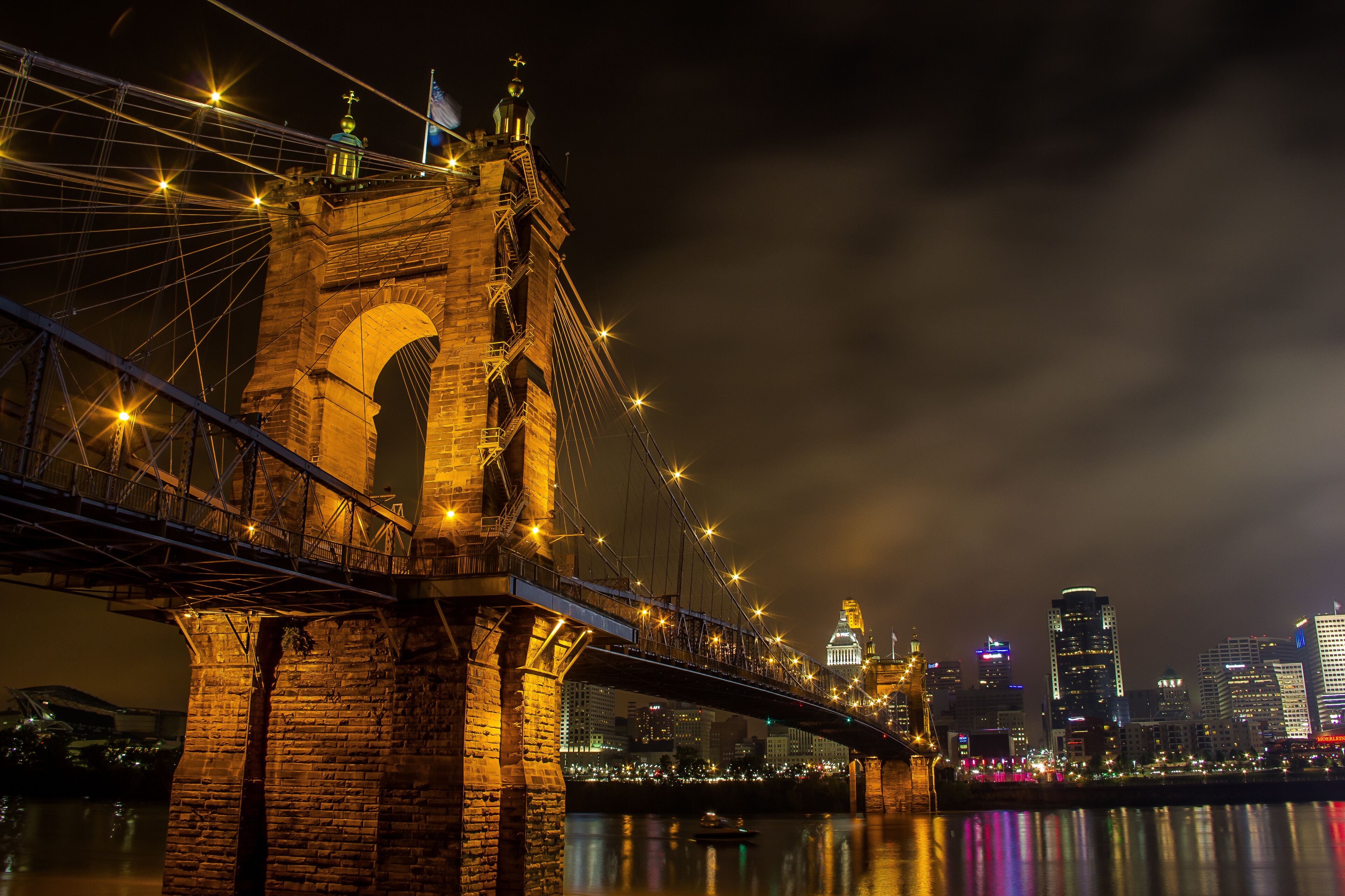 The Roebling Suspension Bridge at night in Cincinnati.