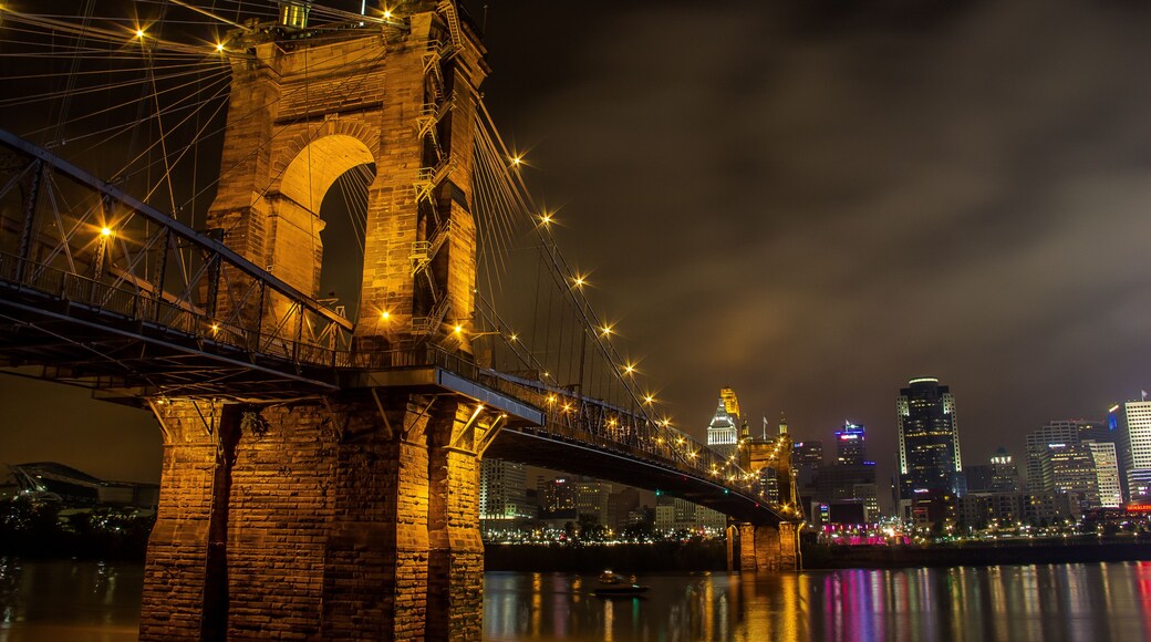 The Roebling Suspension Bridge at night in Cincinnati.
