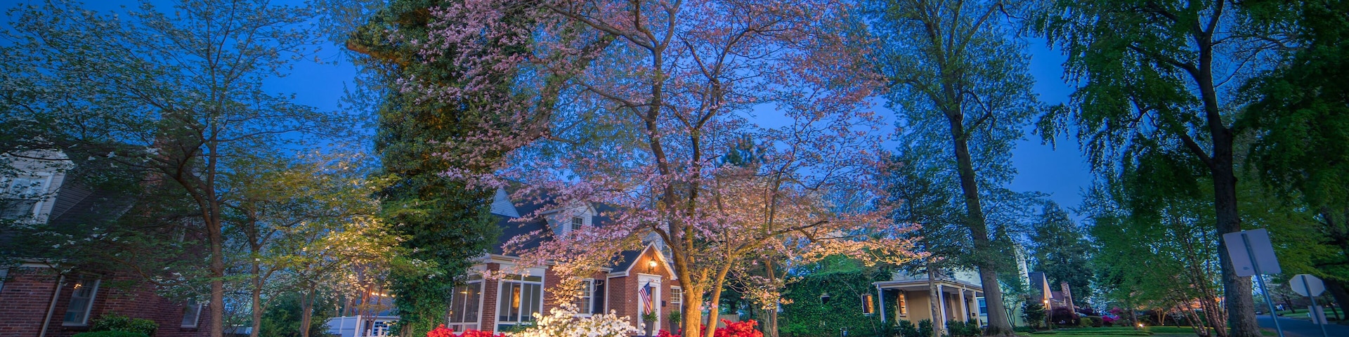 Un barrio residencial con una casa rodeada de árboles y plantas con flores.