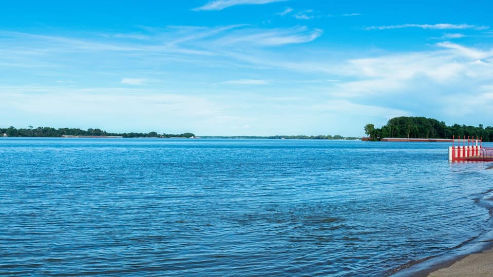 A Panoramic of the flooded Ohio River in the downtown area of Paducah Kentucky .