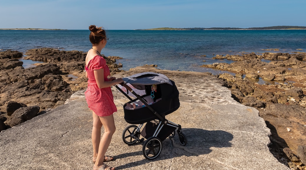Loving mother walking with baby stroller along coastal road in Medulin, Istria peninsula, Croatia, Europe. Idyllic coastline of Kvarner Gulf in Adriatic Mediterranean Sea. Travel destination in summer