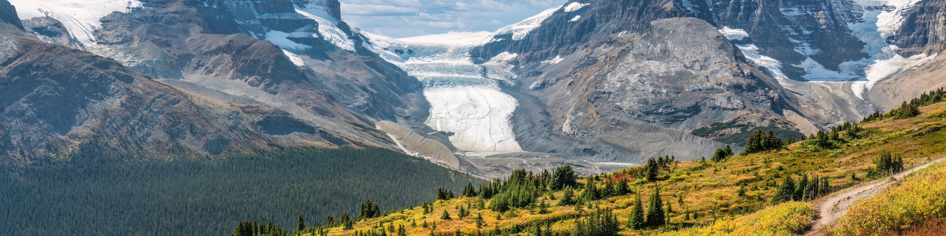 A glacier between two mountains, a forested valley, and a trail.