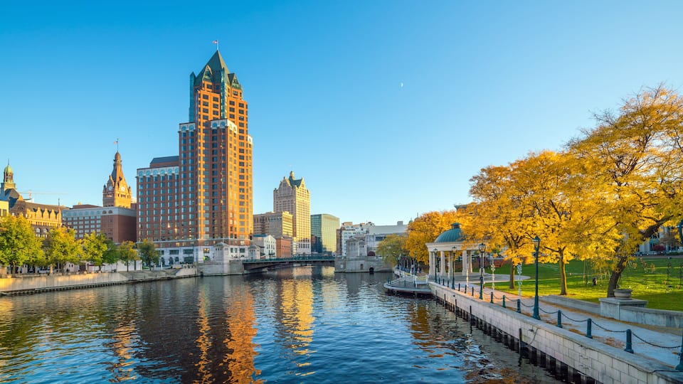 Downtown skyline with Buildings along the Milwaukee River, in Milwaukee, Wisconsin.; Shutterstock ID 523595590