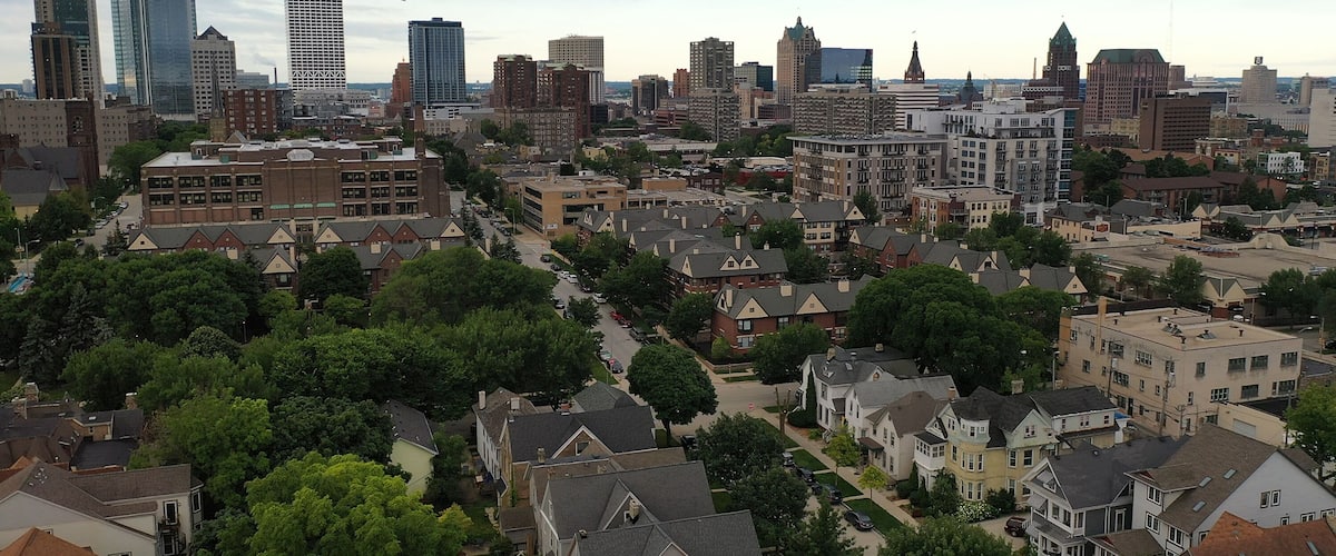 Aerial view of the Milwaukee skyline from the north side of the city. Cloudy morning, summertime.