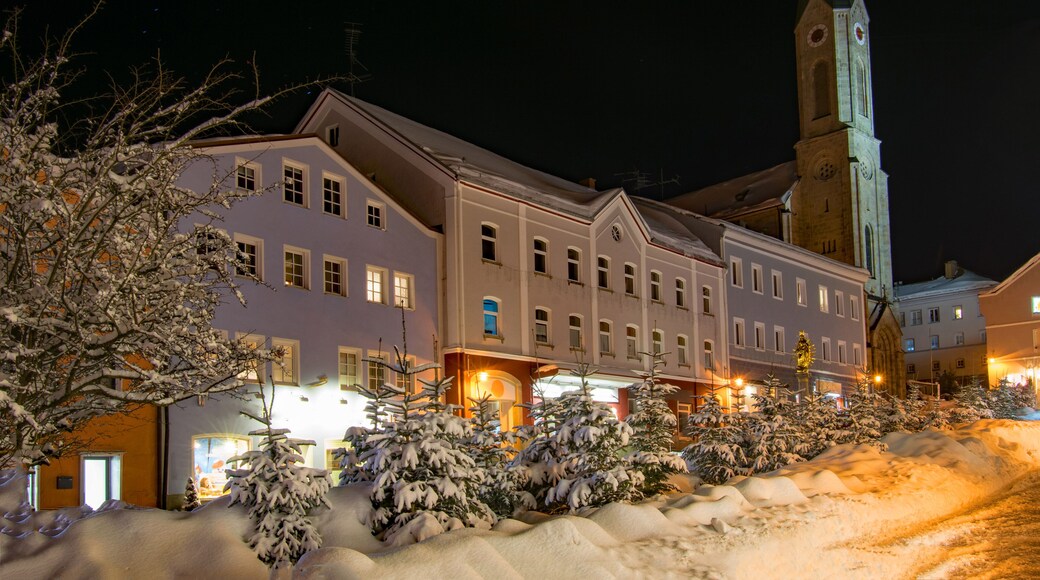 Nachtaufnahme des Marktplatzes in der Altstadt von Waldkirchen im Bayerischen Wald, Niederbayern, Bayern, Deutschland