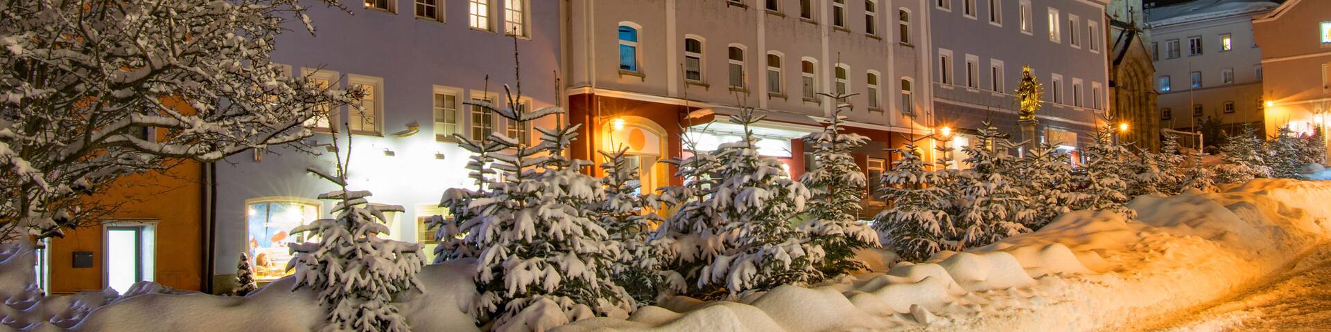 Nachtaufnahme des Marktplatzes in der Altstadt von Waldkirchen im Bayerischen Wald, Niederbayern, Bayern, Deutschland
