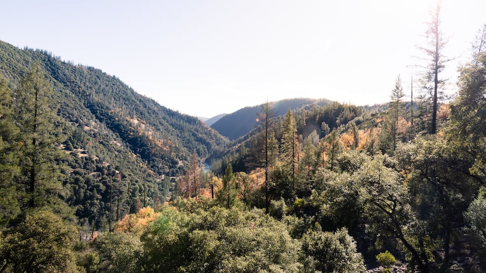 A mountainous landscape with dense forests and a valley.