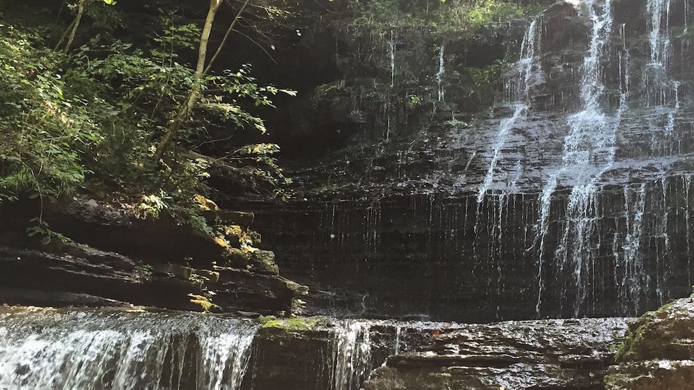 A waterfall cascading over rocky terrain surrounded by dense foliage.