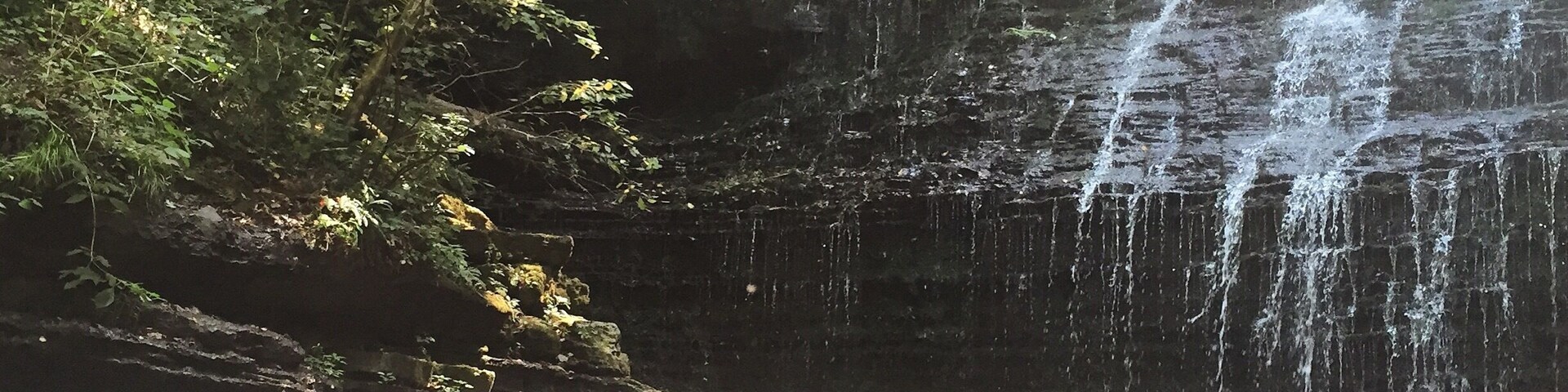 A waterfall cascading over rocky terrain surrounded by dense foliage.
