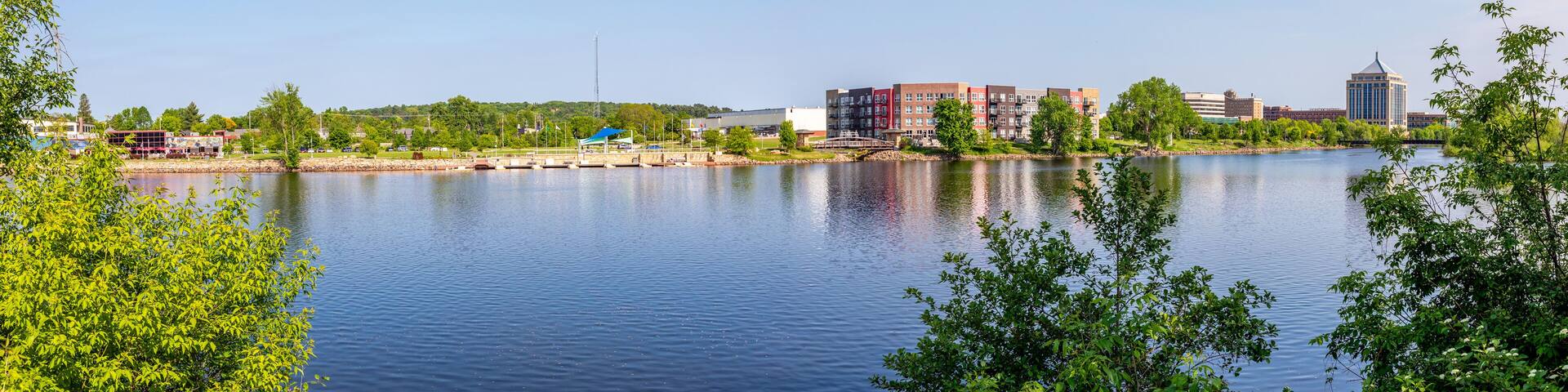 Wausau East Riverfront District in downtown Wausau, Wisconsin along the Wisconsin River,