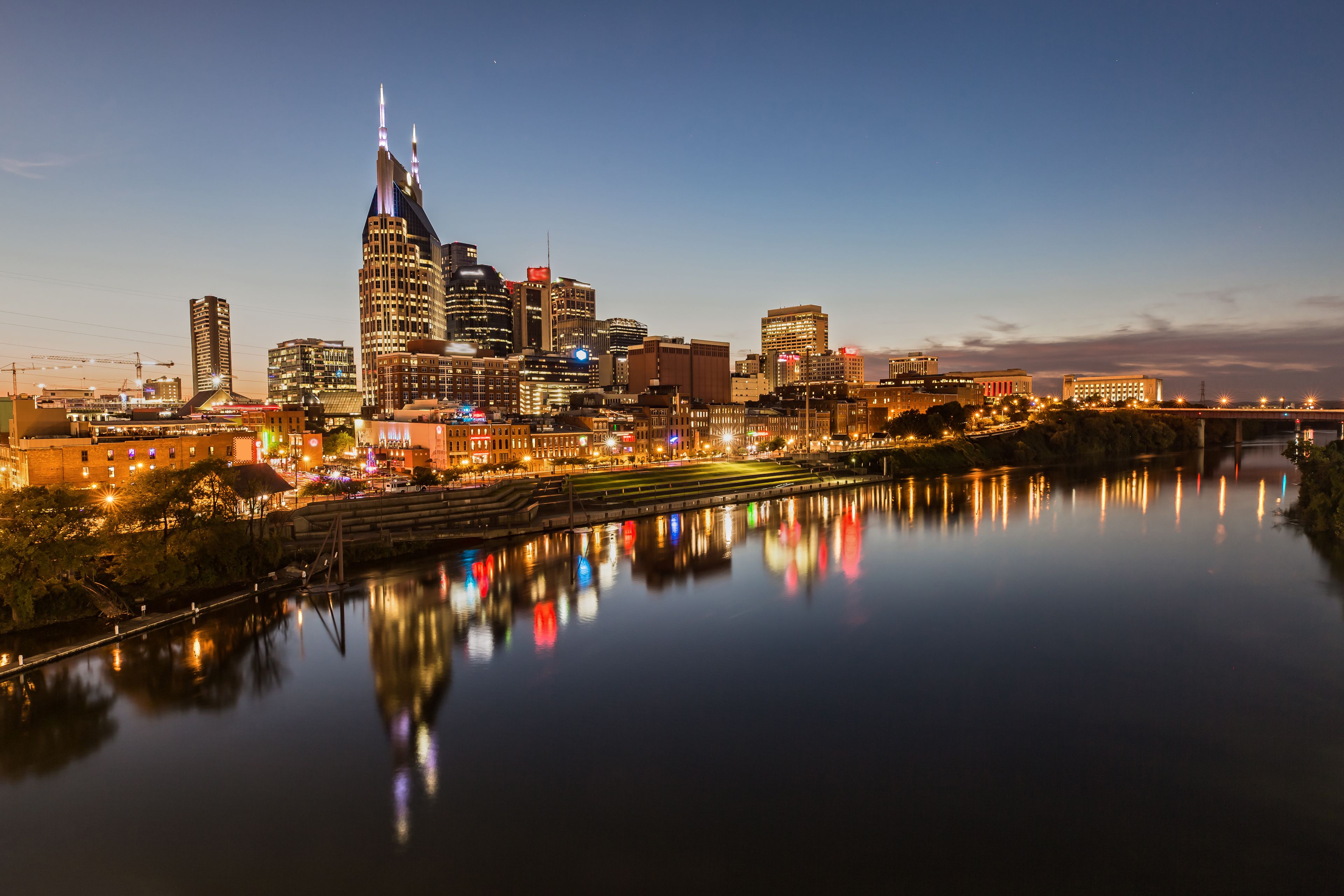Nashville Skyline from John Seigenthaler Pedestrian Bridge at Dusk