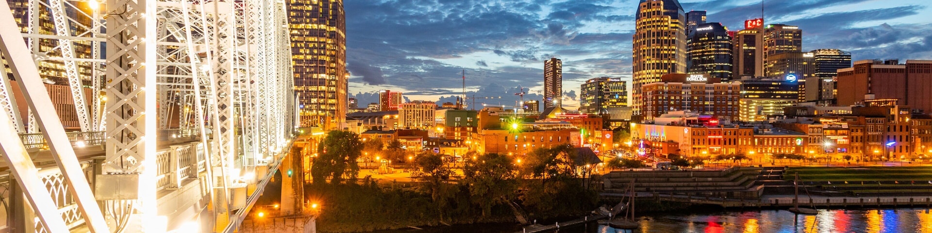Downtown Nashville featuring a bridge, night scenes and a city