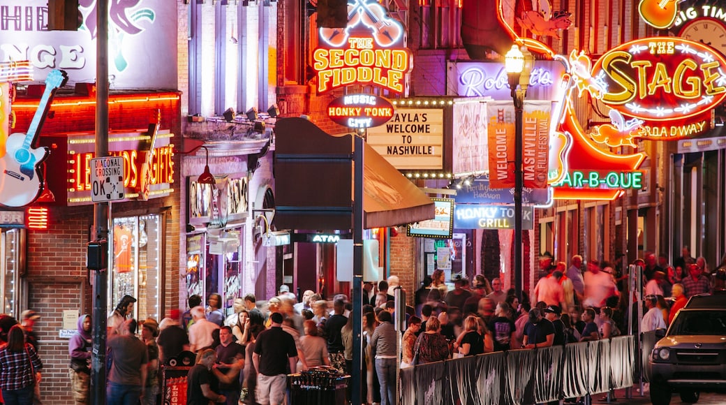 Music Row showing nightlife, night scenes and signage