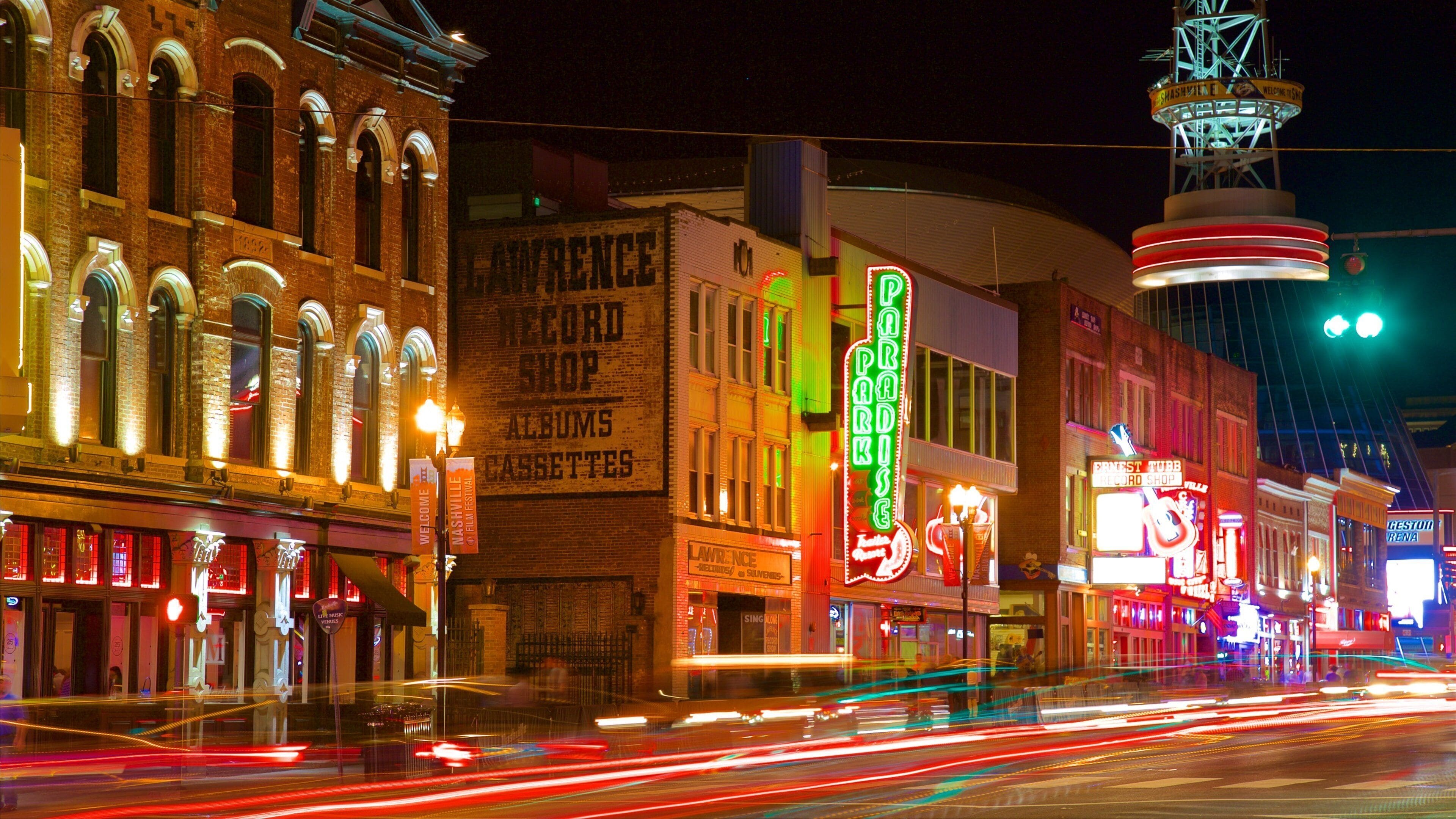 Music Row featuring city views, signage and night scenes