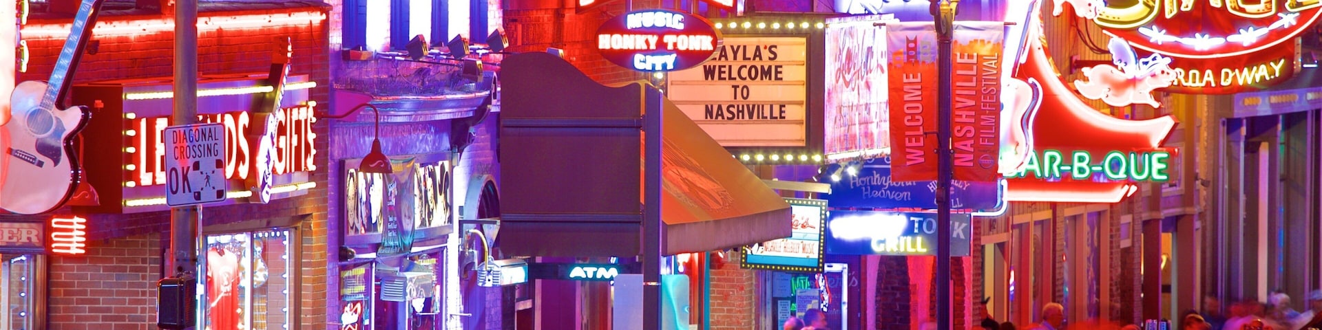 Vanderbilt University - Music Row showing night scenes, a city and nightlife