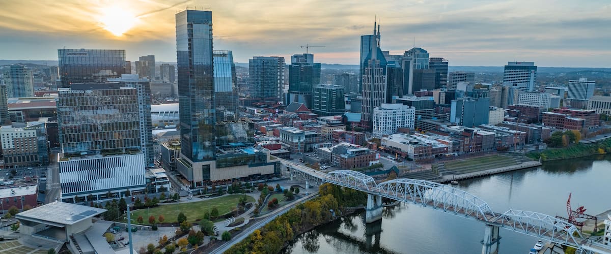 A cityscape with modern skyscrapers, a river, and a bridge.