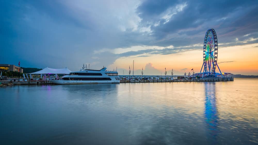 Sunset over the Potomac River, in National Harbor, Maryland.
