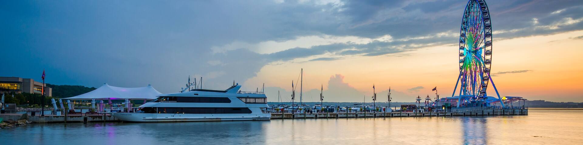 Sunset over the Potomac River, in National Harbor, Maryland.