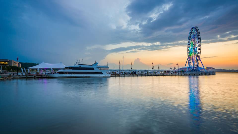 Sunset over the Potomac River, in National Harbor, Maryland.