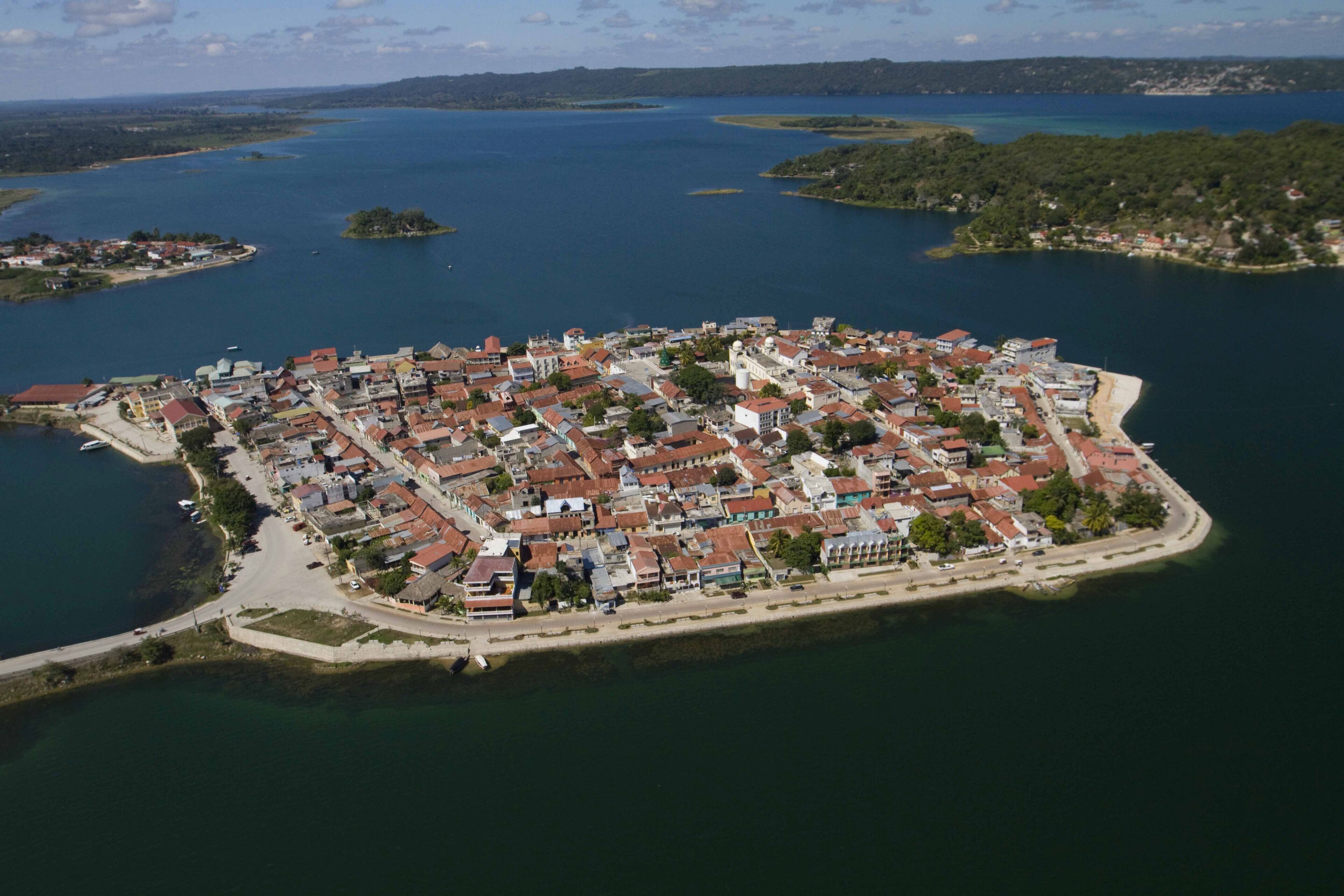 Aerial view Flores island Peten Department, Guatemala, Central America