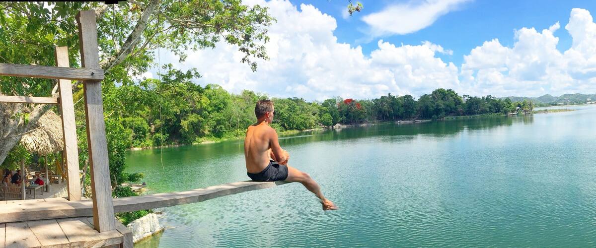 #lifeatexpedia
Live life on the edge!!
A young boy offered us a ride in his boat to his favourite rope-swing and diving board. His parents offered us tea while we played in the water and soaked in the scenery of Guatemala