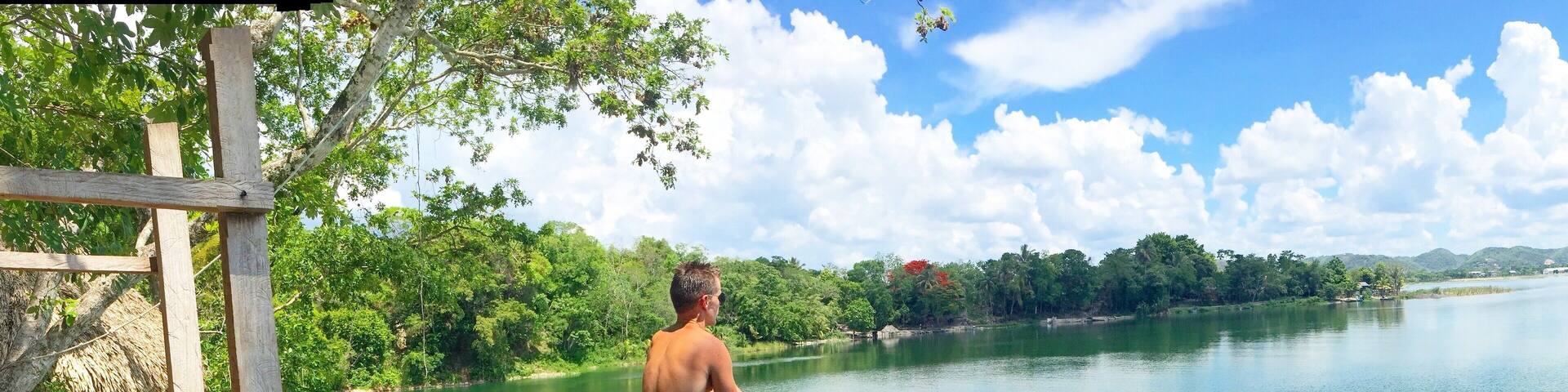 #lifeatexpedia
Live life on the edge!!
A young boy offered us a ride in his boat to his favourite rope-swing and diving board. His parents offered us tea while we played in the water and soaked in the scenery of Guatemala