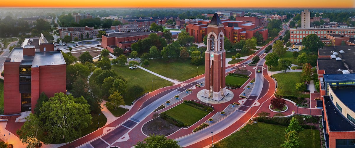 Sunrise Shafer Tower at Ball State University aerial Muncie Indiana panorama
