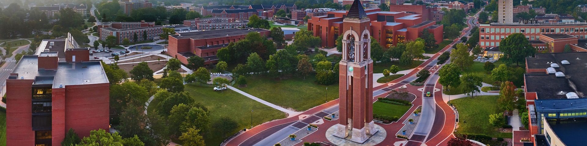 Sunrise Shafer Tower at Ball State University aerial Muncie Indiana panorama