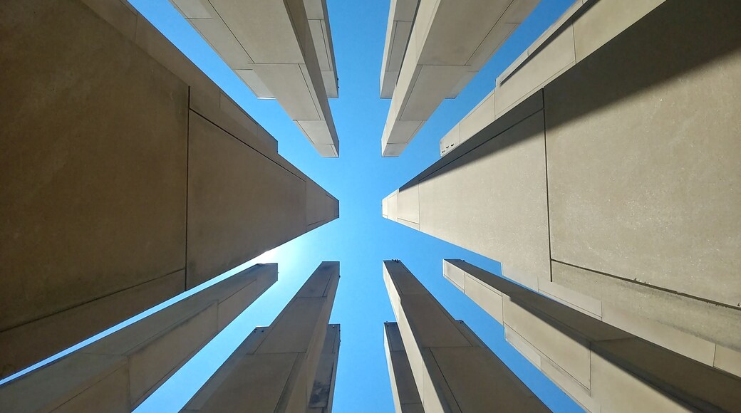 The Bartholomew County Memorial for Veterans is composed of 25, 40 foot tall limestone pillars, arranged in a 5x5 grid.