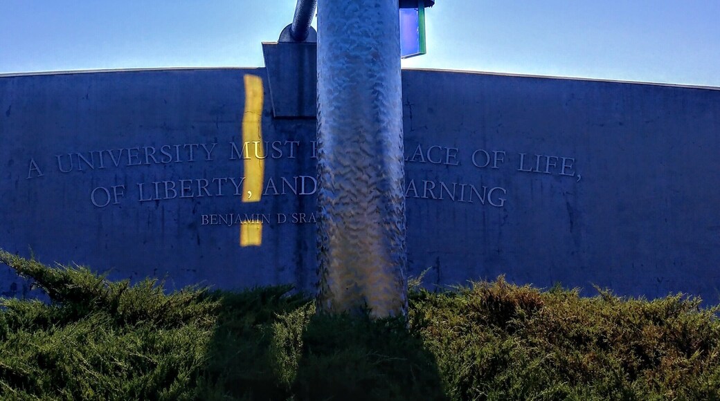 "Transformations" - a sculpture by artist Howard Meehan composed of polished stainless steel and dichroic glass.