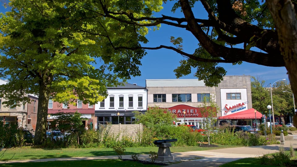 Straßenszene mit einem Park, einem Brunnen und Gebäuden, darunter ein Restaurant namens "CRAZIE! ITALIANO".