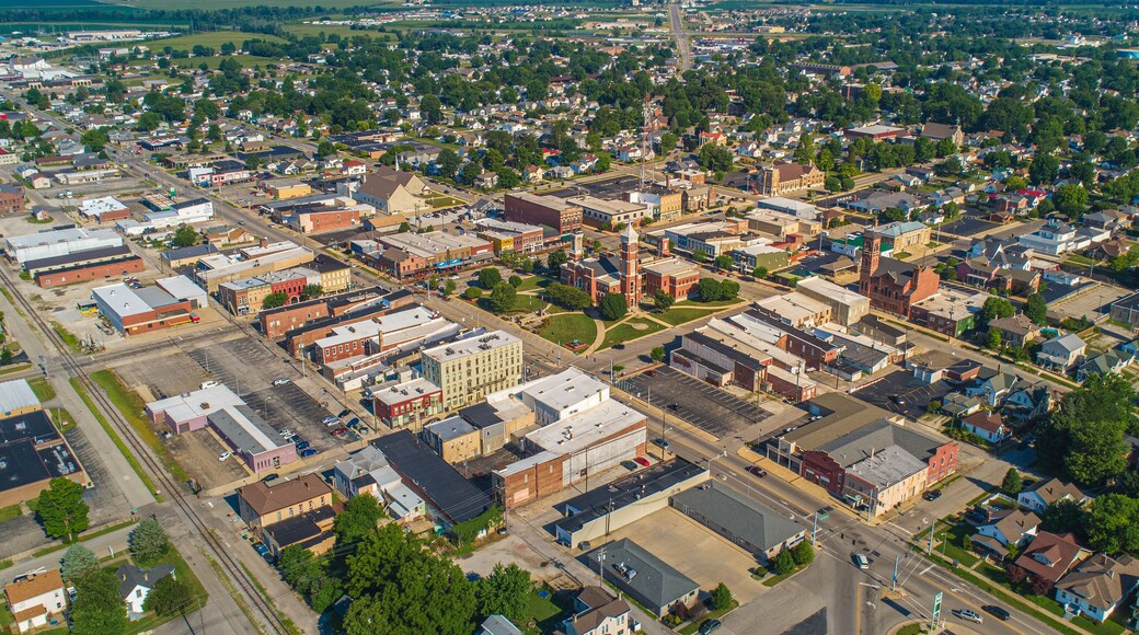 Aerial View of Greensburg Indiana Downtown Courthouse Tower Tree