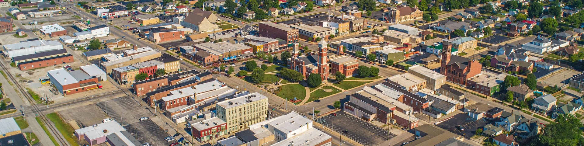 Aerial View of Greensburg Indiana Downtown Courthouse Tower Tree