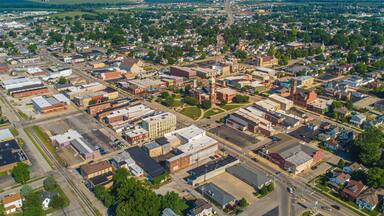 Aerial View of Greensburg Indiana Downtown Courthouse Tower Tree
