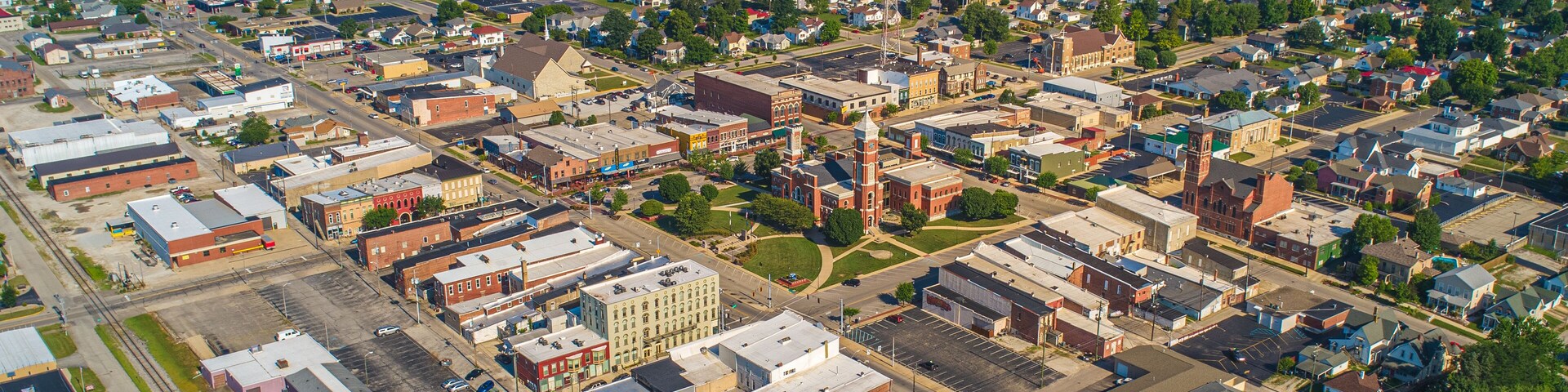Aerial View of Greensburg Indiana Downtown Courthouse Tower Tree