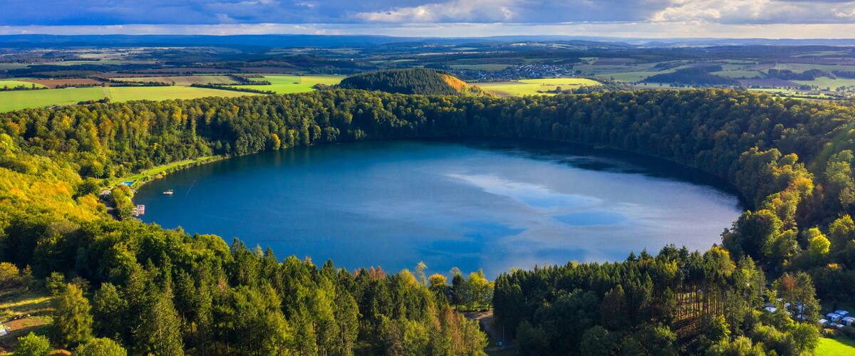 Aerial view on Pulvermaar, Gillenfeld, Eifel, Rhineland-Palatinate, Germany