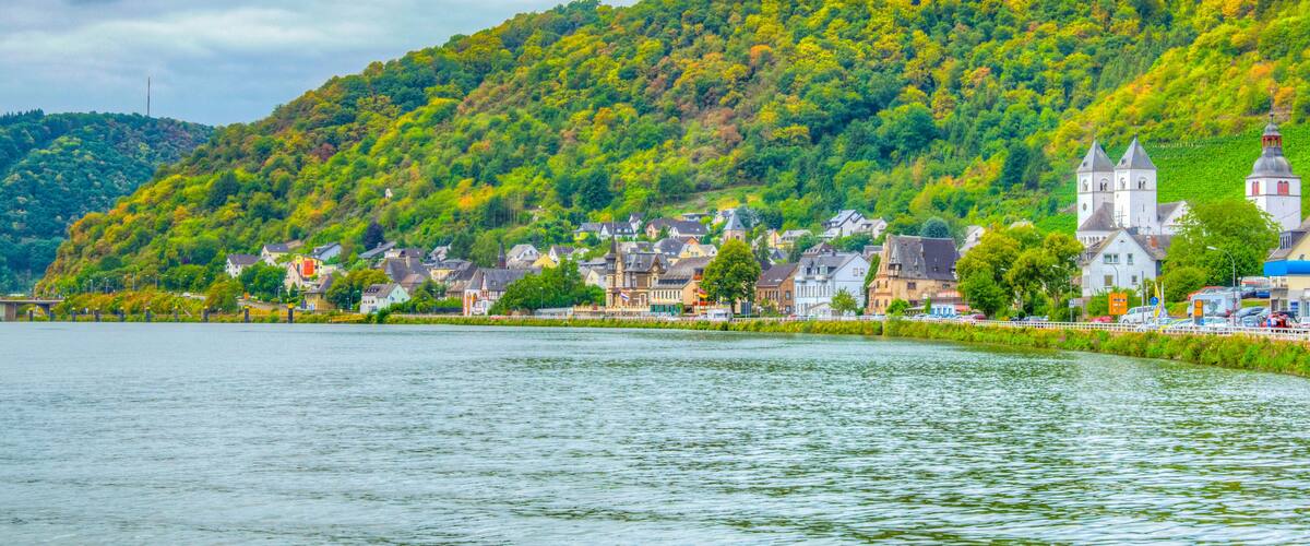 A river with a town on a hillside, surrounded by lush greenery.