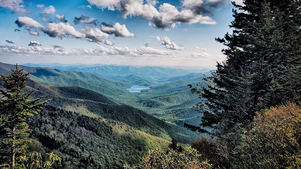 A mountainous landscape with dense forests and a valley.