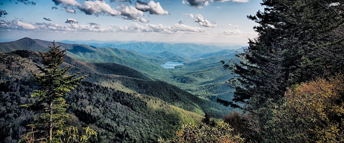 A mountainous landscape with dense forests and a valley.