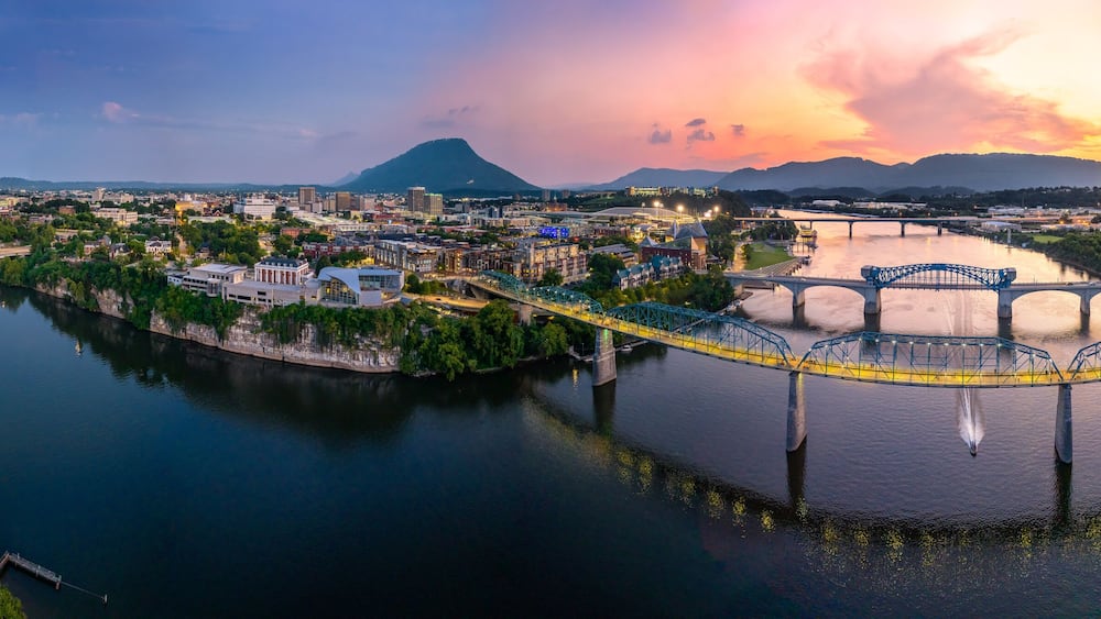 chattanooga skyline with blue hour and sunset