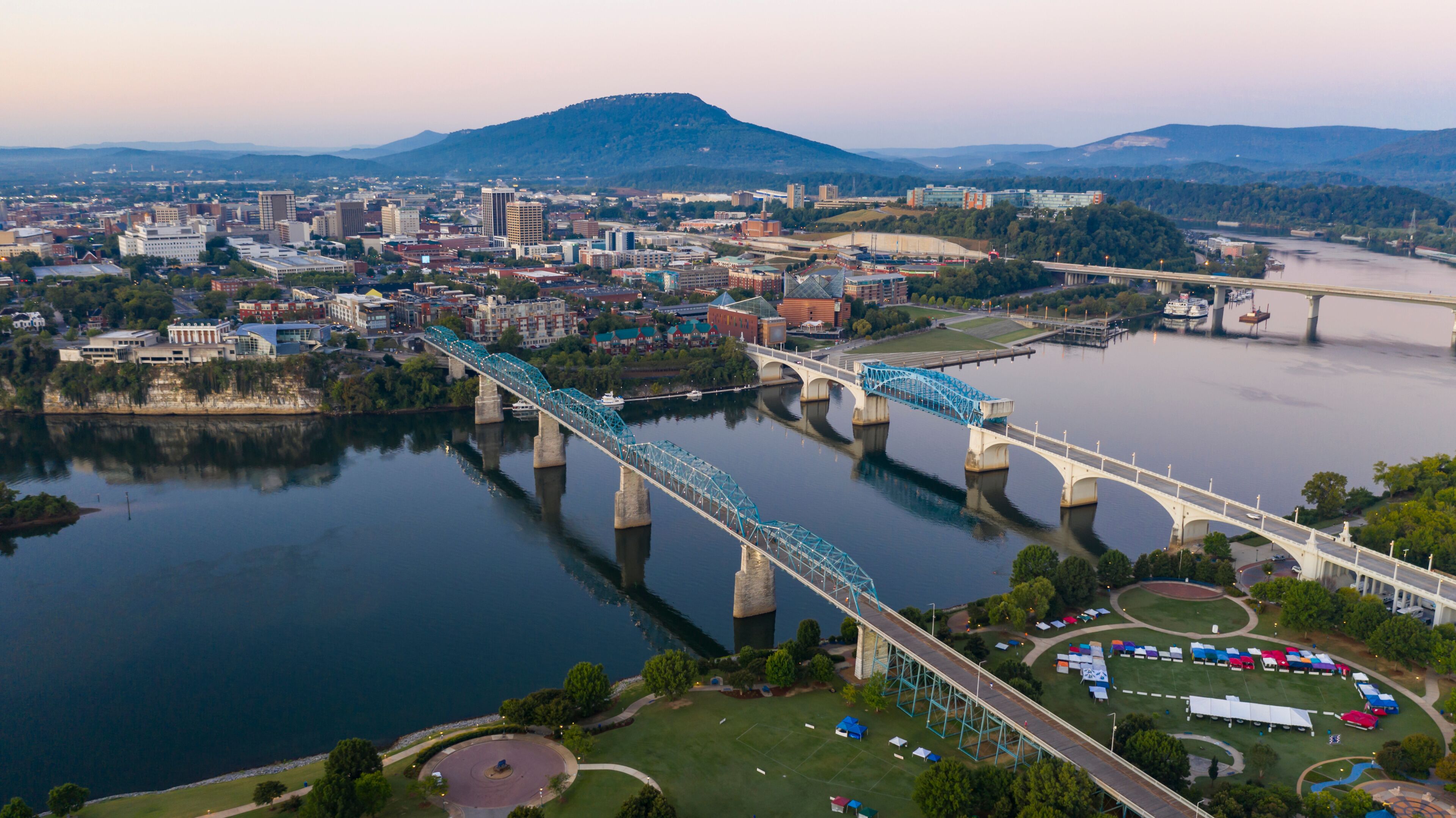 Dawn Light hits Lookout Mountain with Smooth Water Flowing in Chatanooga Tennessee