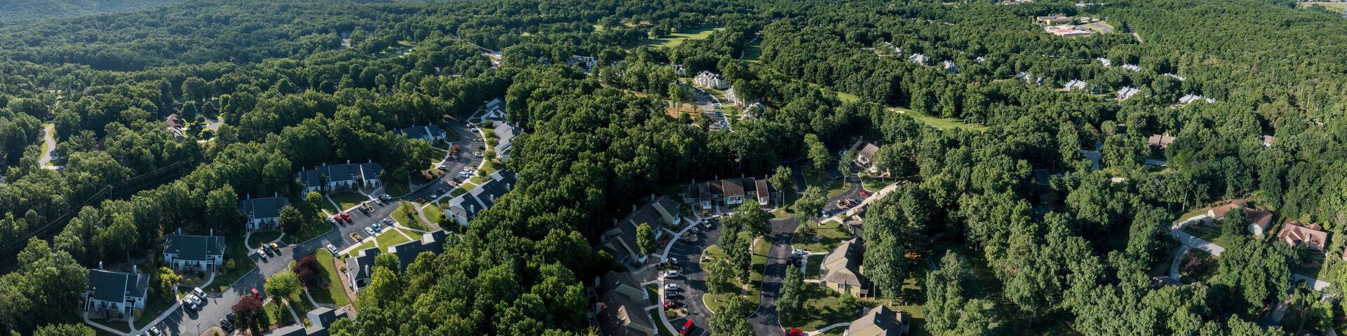 Aerial drone view of a residential golf and vacation community development in Fairfield Glade Tennessee